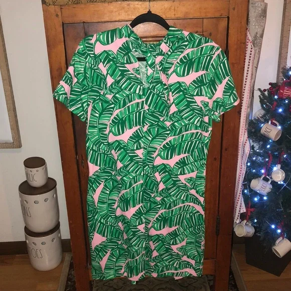 Lilly Pulitzer Hallie Short Sleeve Dress Conch Shell Pink Let’s Go Bananas Large - Picture 2 of 9